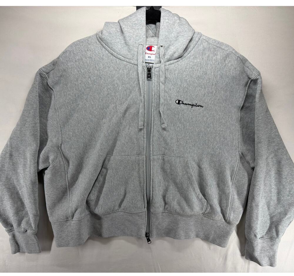 Champion XL Women's Cropped Fleece Zip-Up Sweatshirt Hooded Ribbed Knit